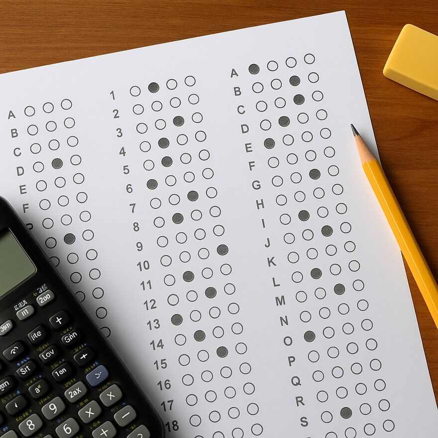 Multiple-choice bubble answer sheet with a pencil and calculator