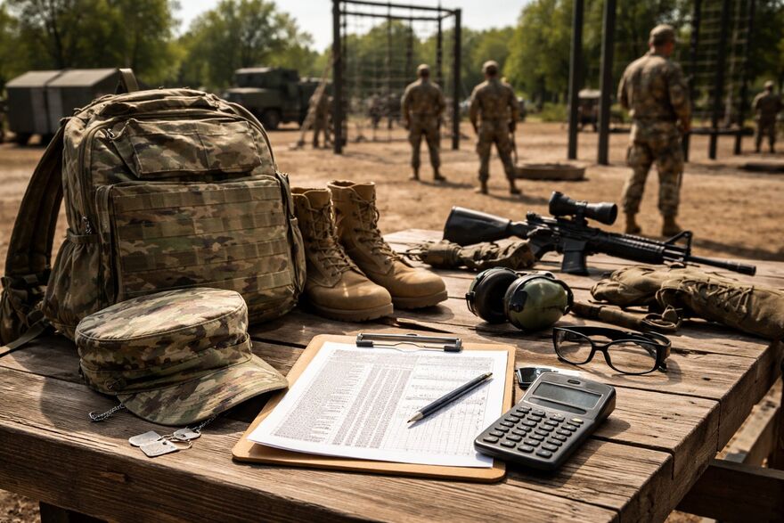 Military training gear laid out beside an ASVAB practice answer sheet