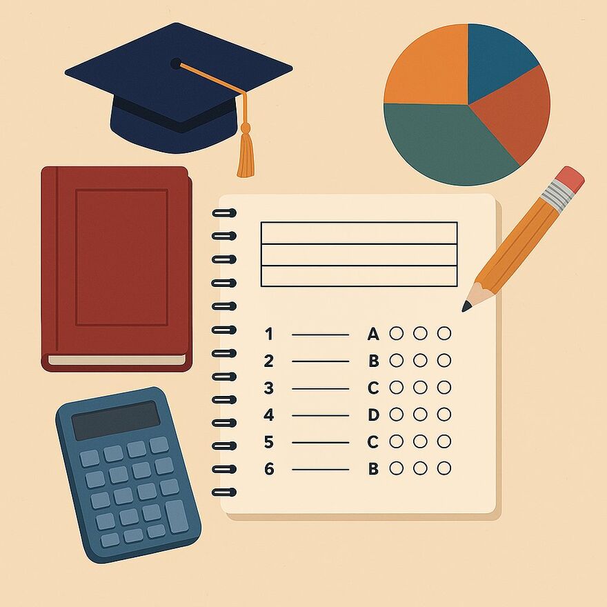 Graduation cap, notebook answer sheet, calculator and study materials