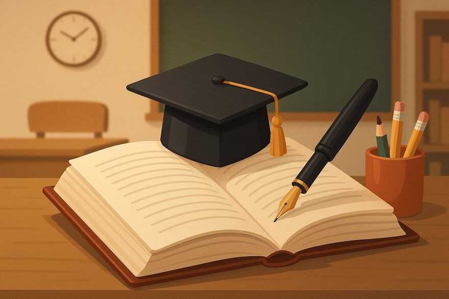 Graduation cap and fountain pen resting on an open book