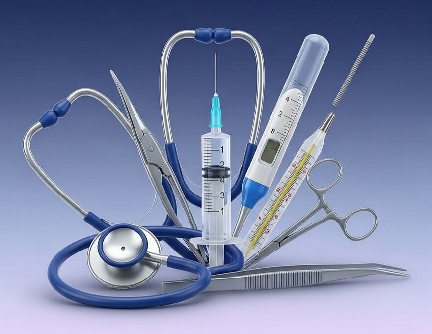 Nursing and medical instruments including a stethoscope and thermometer