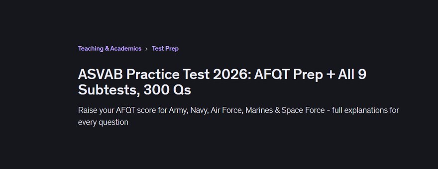Udemy course page header for ASVAB Practice Test 2026: AFQT Prep and all 9 subtests