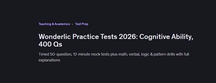 Udemy course page header for Wonderlic Practice Tests 2026 with 400 questions